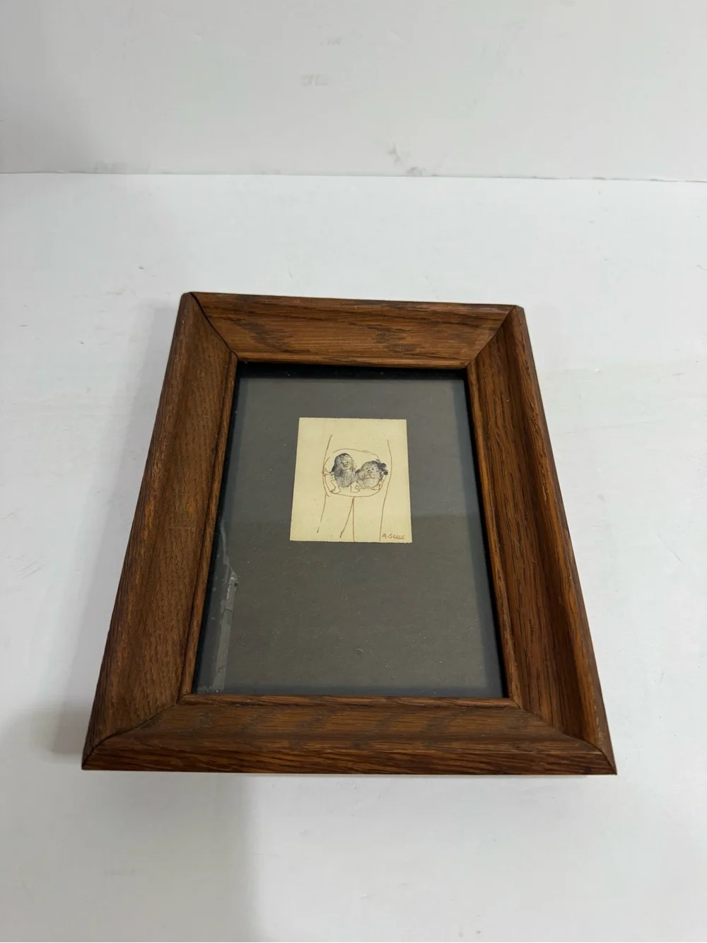 Vintage Wide Oak Wood Frame with Thumb Print Babies Illustration Art